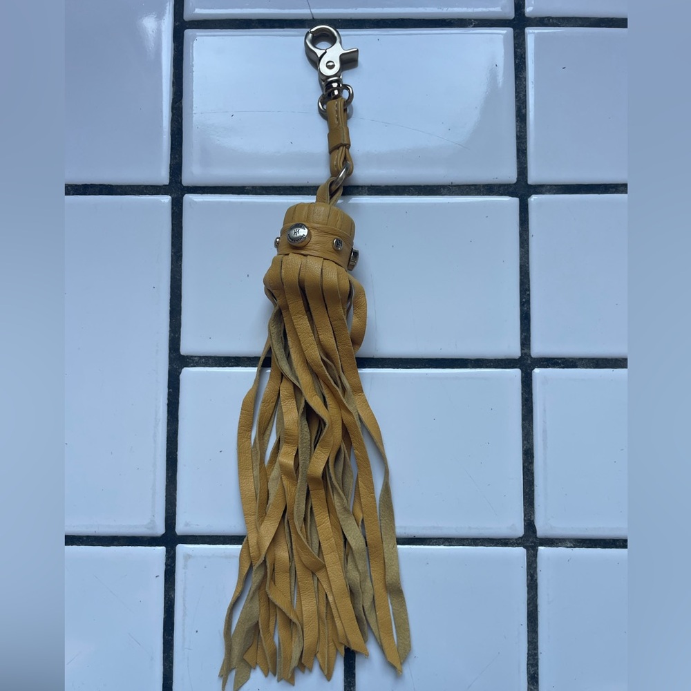 HAYDEN HARNETT Yellow Leather Clip-On Tassel Charm Handbag Purse Key Fob Y2K
